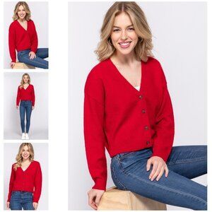 146 New Boutique Red Long Sleeve V-Neck Cardigan